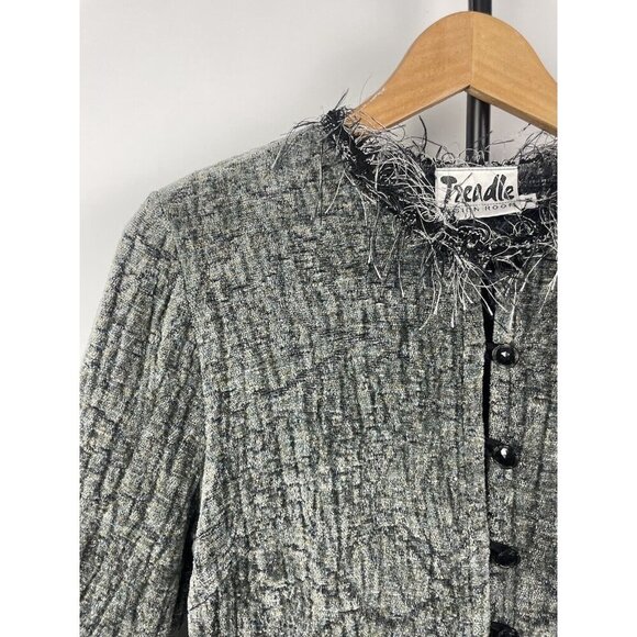 Vtg Treadle Design Room Gray Art To Wear Fringe Neckline Button Up Blouse Size M - Picture 3 of 7